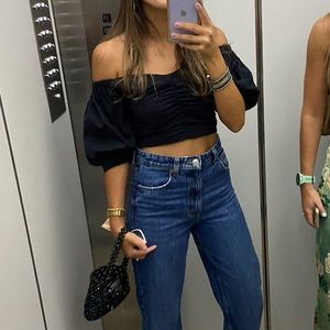 Black shoulder-less crop top